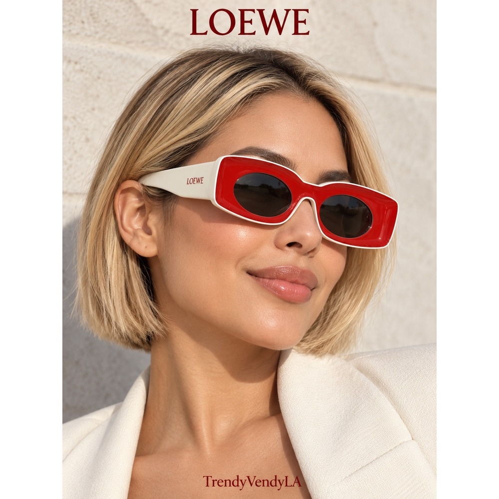 Loewe LW40033I Rectangular Two-Tone White Red Acetate Sunglasses Made in Italy